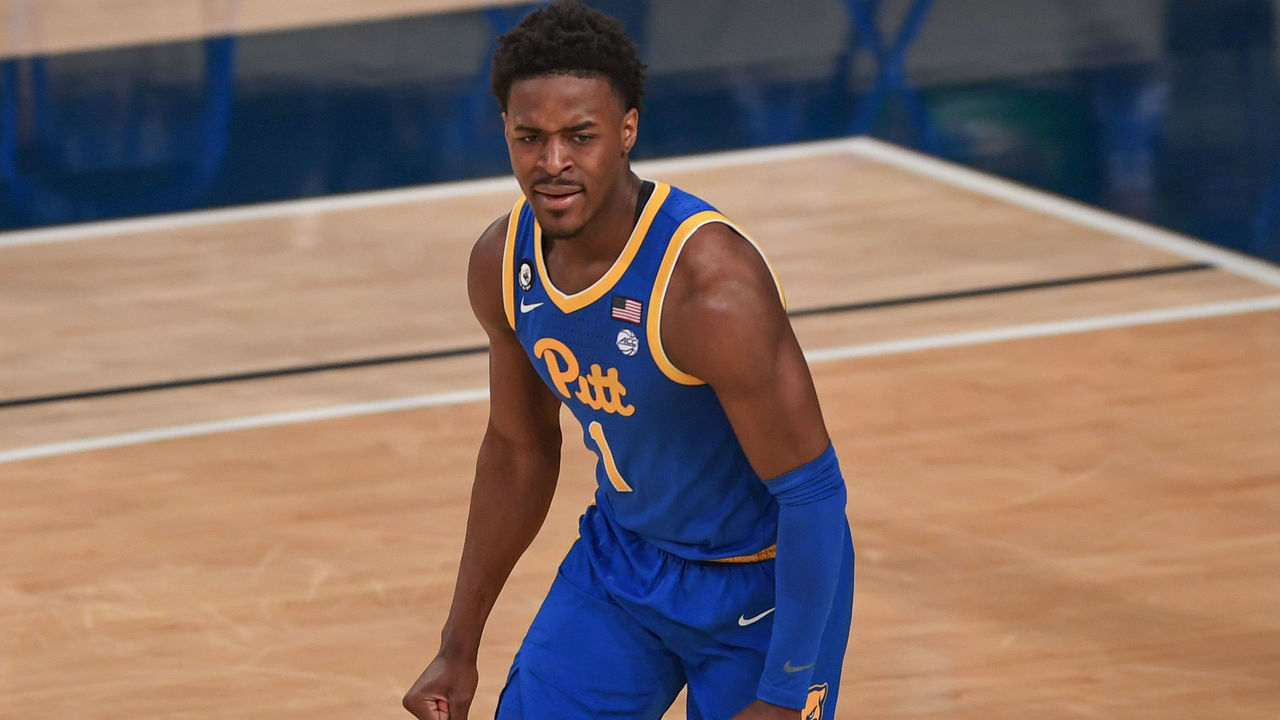 ATLANTA, GA FEBRUARY 14: Pittsburgh guard Xavier Johnson (1) reacts after scoring a basket during the NCAA basketball game between the Pittsburgh Panthers and the Georgia Tech Yellow Jackets on February 14th, 2021 at Hank McCamish Pavilion in Atlanta, GA.