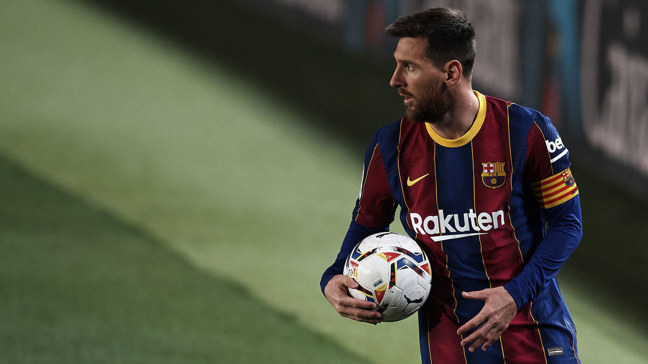Lionel Messi of Barcelona in action during the La Liga Santander match between FC Barcelona and Real Valladolid CF at Camp Nou on April 5, 2021 in Barcelona, Spain. Sporting stadiums around Spain remain under strict restrictions due to the Coronavirus Pandemic as Government social distancing laws prohibit fans inside venues resulting in games being played behind closed doors.