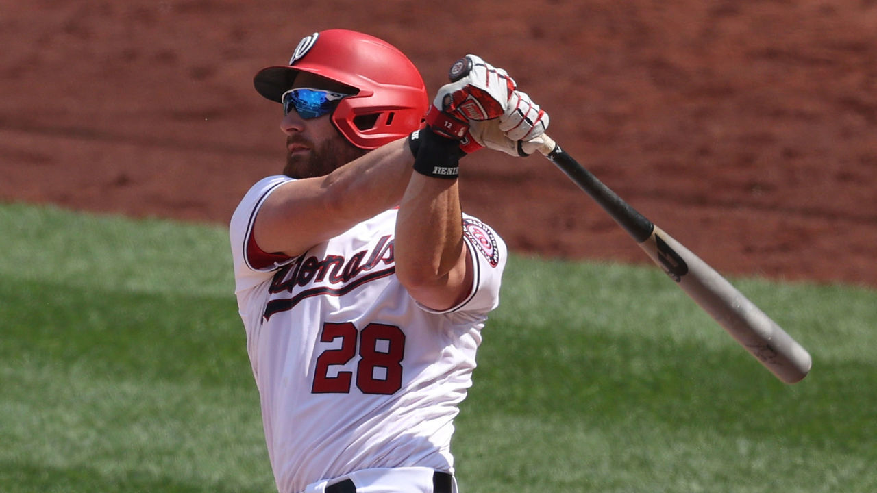 WASHINGTON, DC - APRIL 07: Jonathan Lucroy #28 of the Washington Nationals bats against the Atlanta Braves in game one of a doubleheader at Nationals Park on April 7, 2021 in Washington, DC.