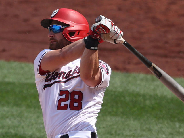 WASHINGTON, DC - APRIL 07: Jonathan Lucroy #28 of the Washington Nationals bats against the Atlanta Braves in game one of a doubleheader at Nationals Park on April 7, 2021 in Washington, DC.