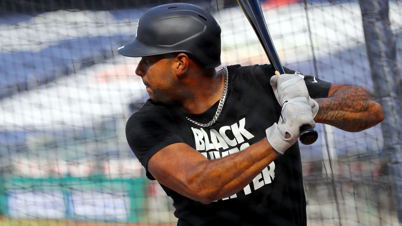 WASHINGTON, DC - JULY 23: Aaron Hicks #31 of the New York Yankees looks on during batting practice while wearing a Black Lives Matter t-shirt prior to the game between the New York Yankees and the Washington Nationals at Nationals Park on Thursday, July 23, 2020 in Washington, District of Columbia.