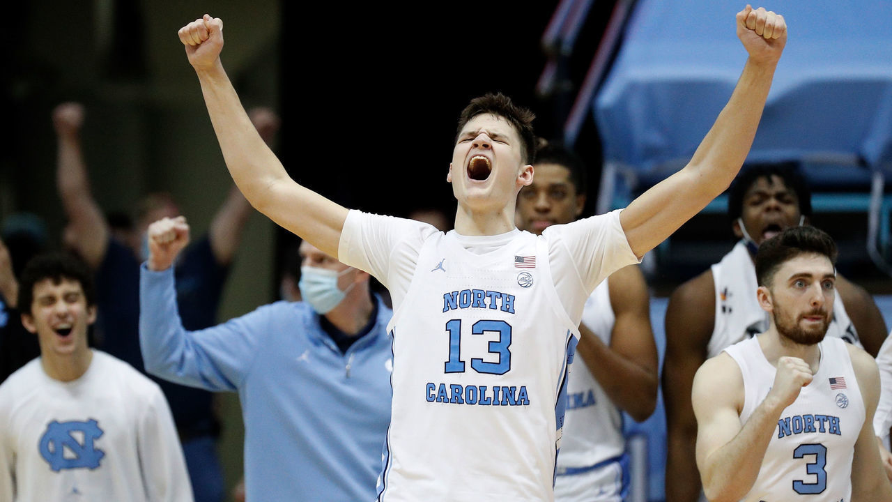 CHAPEL HILL, NORTH CAROLINA - FEBRUARY 27: Walker Kessler #13 of the North Carolina Tar Heels reacts as time expires during their game against the Florida State Seminoles at the Dean Smith Center on February 27, 2021 in Chapel Hill, North Carolina. North Carolina won 78-70.