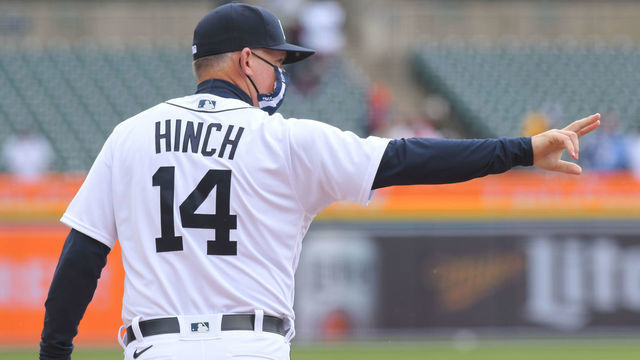 DETROIT, MI - APRIL 01: Manager A.J. Hinch #14 of the Detroit Tigers looks on during player introductions prior to the Opening Day game against the Cleveland Indians at Comerica Park on April 1, 2021 in Detroit, Michigan. The Tigers defeated the Indians 3-2.