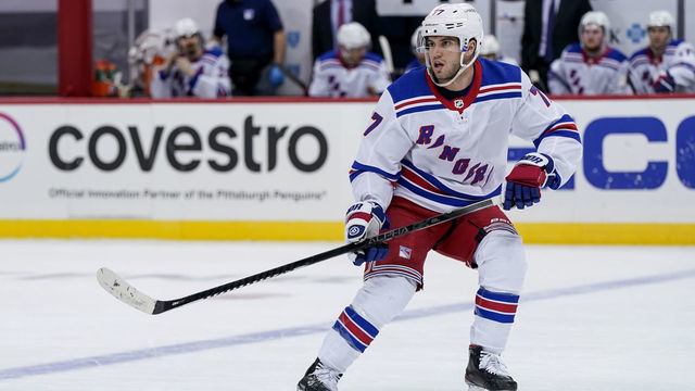 PITTSBURGH, PA - JANUARY 24: New York Rangers Defenseman Tony DeAngelo (77) skates during the third period in the NHL game between the Pittsburgh Penguins and the New York Rangers on January 24, 2021, at PPG Paints Arena in Pittsburgh, PA.