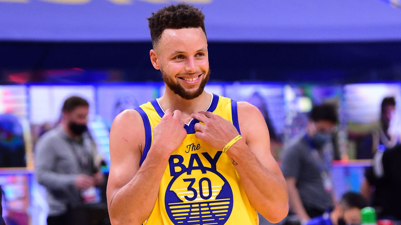 SAN FRANCISCO, CA - APRIL 6: Stephen Curry #30 of the Golden State Warriors smiles and celebrates on the court after the game against the Milwaukee Bucks on April 6, 2021 at Chase Center in San Francisco, California. NOTE TO USER: User expressly acknowledges and agrees that, by downloading and or using this photograph, user is consenting to the terms and conditions of Getty Images License Agreement. Mandatory Copyright Notice: Copyright 2021 NBAE