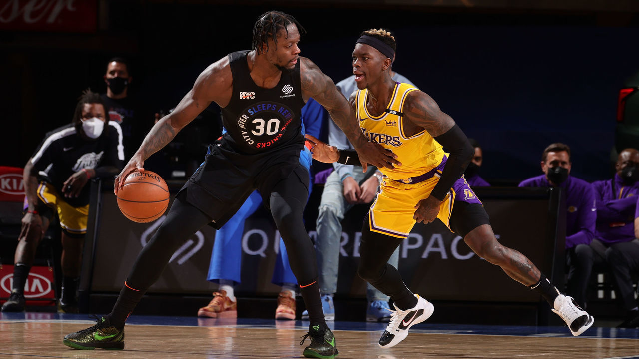NEW YORK, NY - APRIL 12: Dennis Schroder #17 of the Los Angeles Lakers plays defense on Julius Randle #30 of the New York Knicks during the game on April 12, 2021 at Madison Square Garden in New York City, New York. Mandatory Copyright Notice: Copyright 2021 NBAE