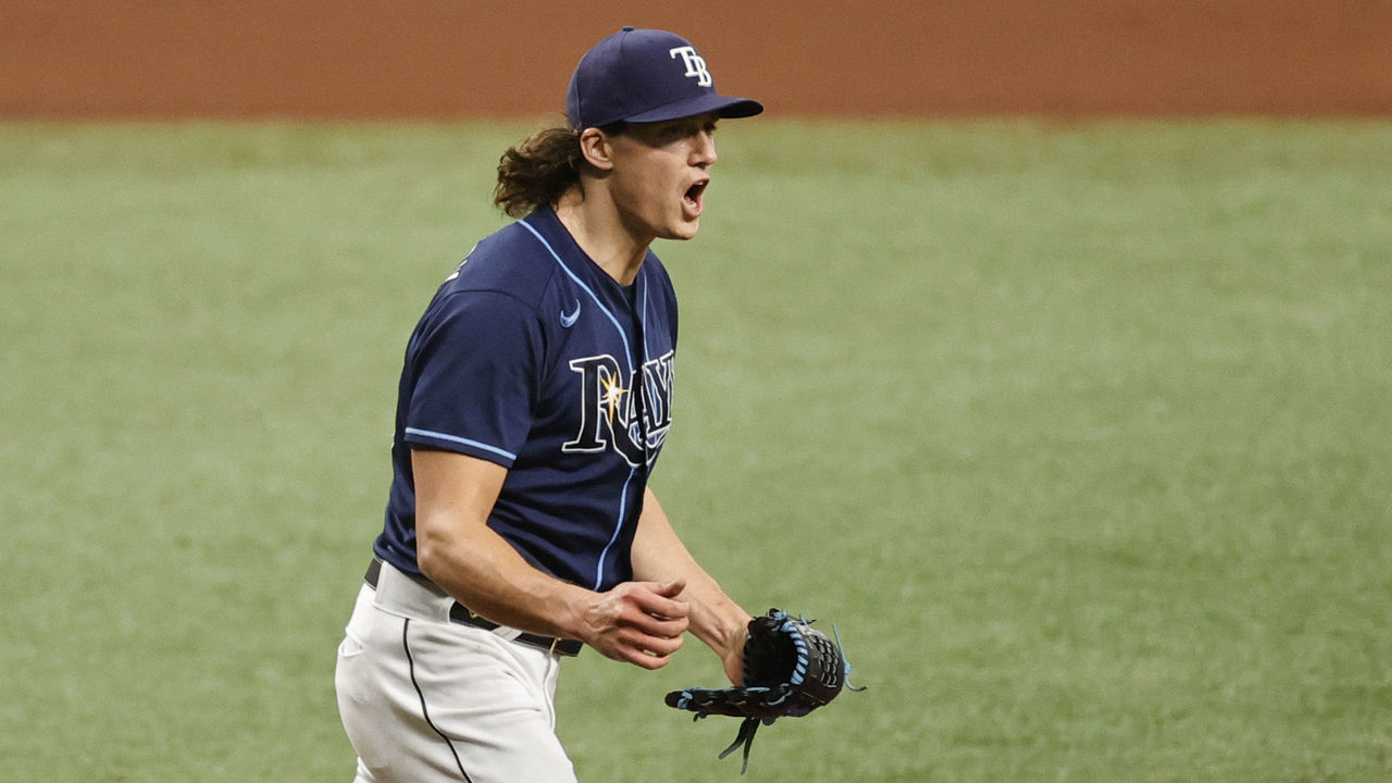 ST PETERSBURG, FLORIDA - APRIL 12: Tyler Glasnow #20 of the Tampa Bay Rays reacts during the fourth inning against the Texas Rangers at Tropicana Field on April 12, 2021 in St Petersburg, Florida.