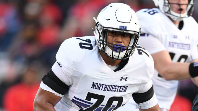 COLLEGE PARK, MD - OCTOBER 14: Rashawn Slater #70 of the Northwestern Wildcats in position during a college football game against the Maryland Terrapins at Capitol One Field on October 14, 2017 in College Park, Maryland. The Wildcats won 37-21.