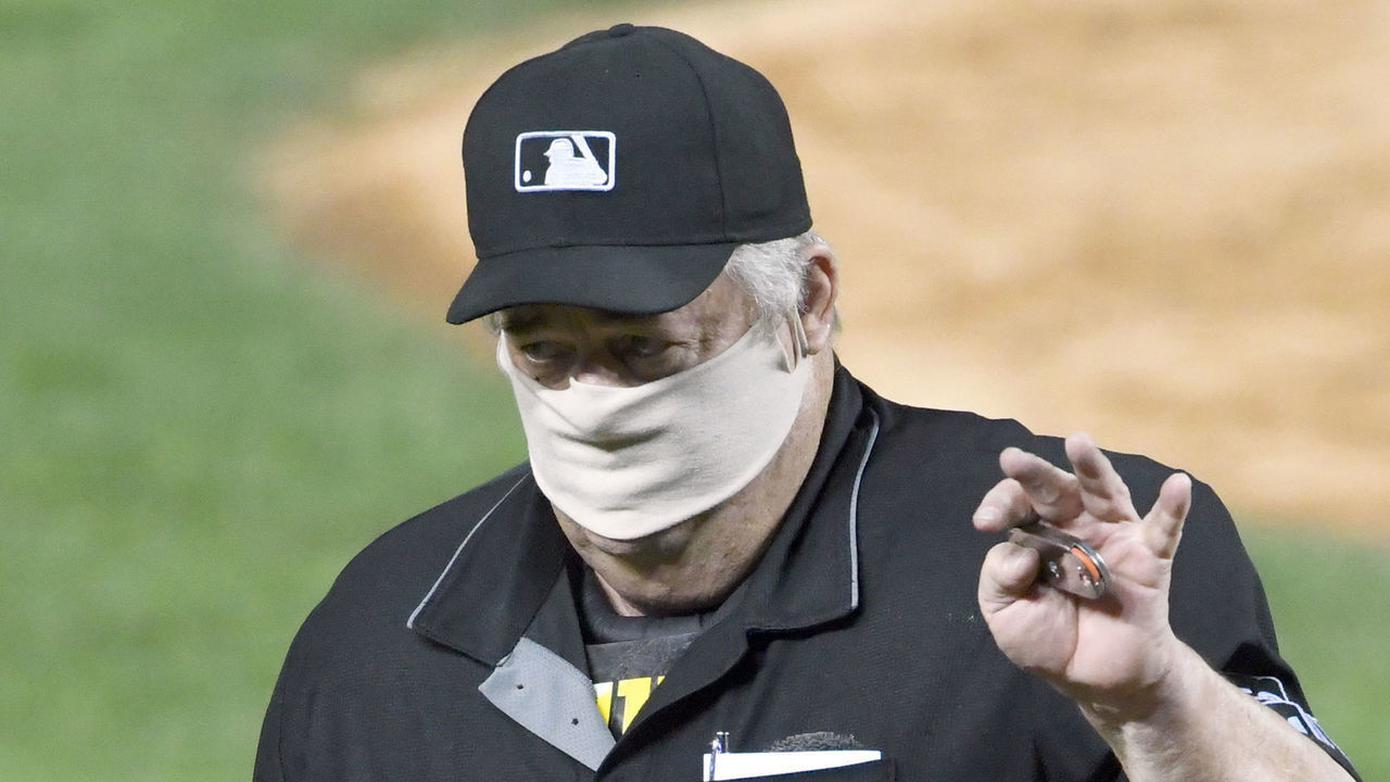WASHINGTON, DC - SEPTEMBER 23: Umpire Joe West looks on during a baseball game between the Washington Nationals and the Philadelphia Phillies at Nationals Park on September 23, 2020 in Washington, DC.
