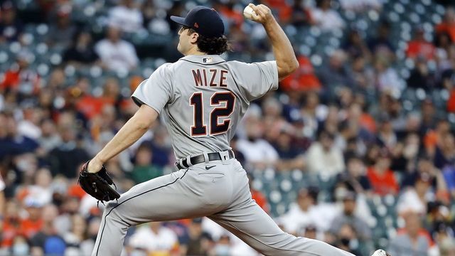 HOUSTON, TEXAS - APRIL 12: Casey Mize #12 of the Detroit Tigers pitches in the first inning against the Houston Astros at Minute Maid Park on April 12, 2021 in Houston, Texas.