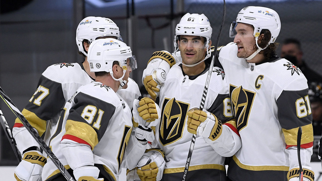 LOS ANGELES, CALIFORNIA - APRIL 12: Max Pacioretty #67 of the Vegas Golden Knights celebrates his goal with Mark Stone #61, Jonathan Marchessault #81 and Shea Theodore #27, to take a 4-2 lead over the Los Angeles Kings,during the third period in a 4-2 Knights win at Staples Center on April 12, 2021 in Los Angeles, California.