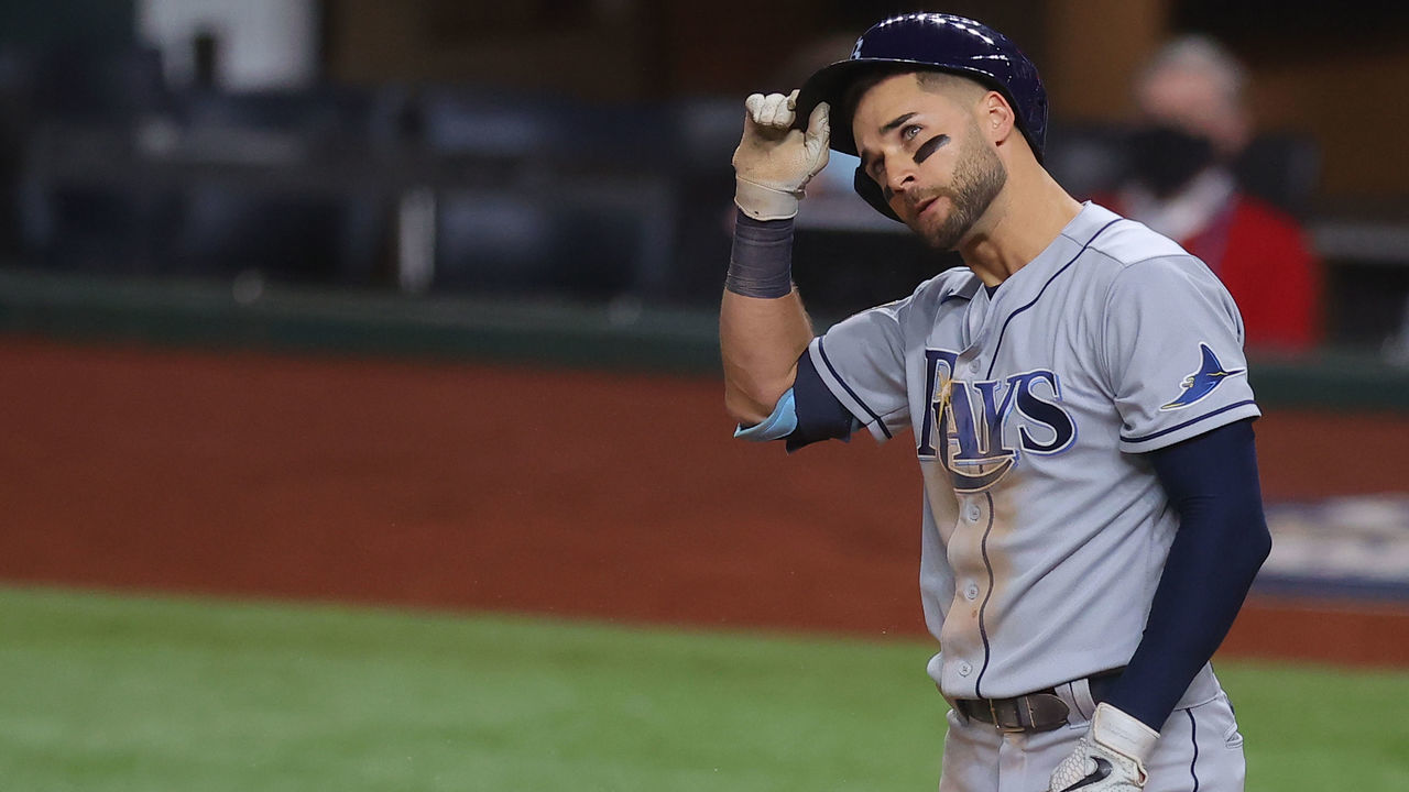 ARLINGTON, TEXAS - OCTOBER 27: Kevin Kiermaier #39 of the Tampa Bay Rays reacts after striking out against the Los Angeles Dodgers fourth inning in Game Six of the 2020 MLB World Series at Globe Life Field on October 27, 2020 in Arlington, Texas.