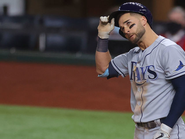 ARLINGTON, TEXAS - OCTOBER 27: Kevin Kiermaier #39 of the Tampa Bay Rays reacts after striking out against the Los Angeles Dodgers fourth inning in Game Six of the 2020 MLB World Series at Globe Life Field on October 27, 2020 in Arlington, Texas.