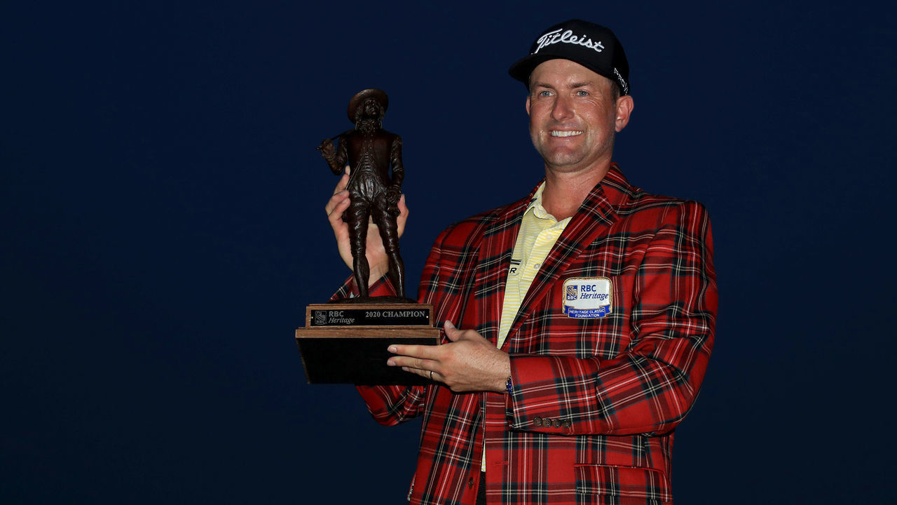 HILTON HEAD ISLAND, SOUTH CAROLINA - JUNE 21: Webb Simpson of the United States celebrates with the trophy after winning during the final round of the RBC Heritage on June 21, 2020 at Harbour Town Golf Links in Hilton Head Island, South Carolina.