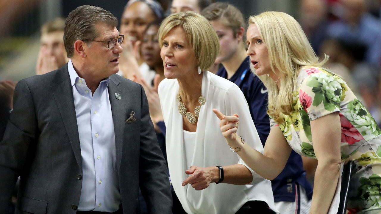 BRIDGEPORT, CONNECTICUT- MARCH 25: Head coach Geno Auriemma of the Connecticut Huskies on the sideline with Chris Dailey, Associate Head Coach and Shea Ralph, Assistant Coach during the UConn Huskies Vs UCLA Bruins, NCAA Women's Division 1 Basketball Championship game on March 25th, 2017 at the Webster Bank Arena, Bridgeport, Connecticut.