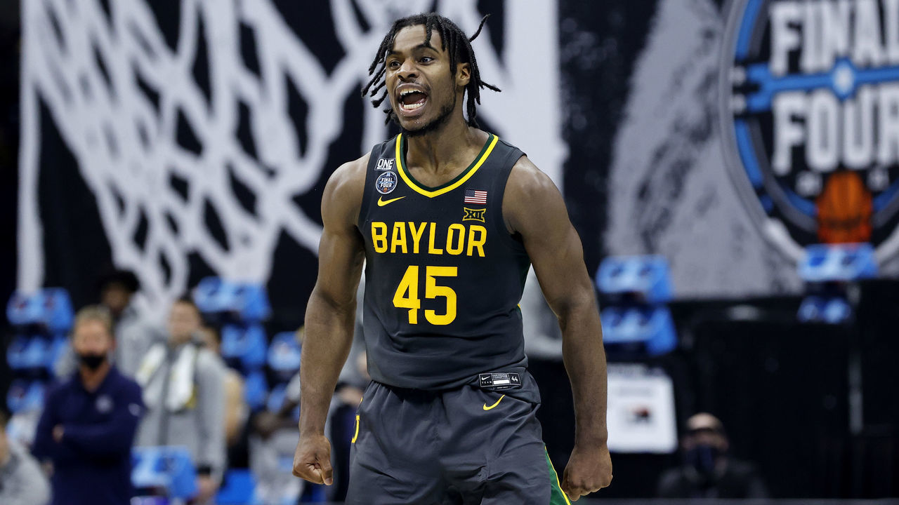 INDIANAPOLIS, INDIANA - APRIL 05: Davion Mitchell #45 of the Baylor Bears reacts during the National Championship game of the 2021 NCAA Men's Basketball Tournament against the Gonzaga Bulldogs at Lucas Oil Stadium on April 05, 2021 in Indianapolis, Indiana.