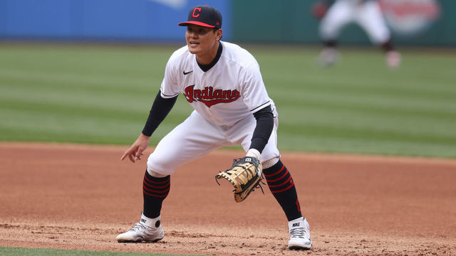 CLEVELAND, OH - APRIL 05: Cleveland Indians first baseman Yu Chang (2) during the first inning of the Major League Baseball game between the Kansas City Royals and Cleveland Indians on April 5, 2021, at Progressive Field in Cleveland, OH.