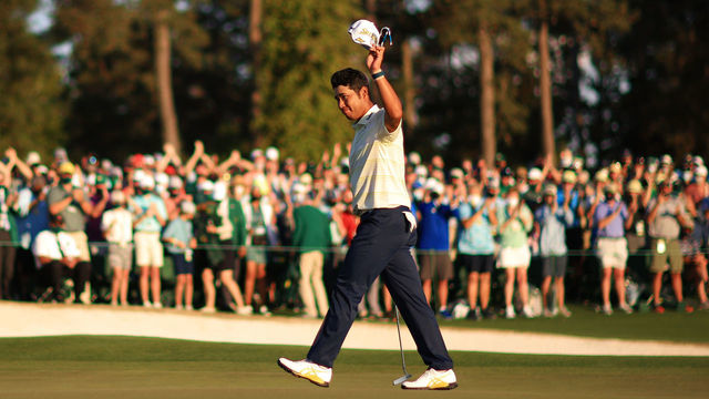 AUGUSTA, GEORGIA - APRIL 11: Hideki Matsuyama of Japan celebrates on the 18th green after winning the Masters at Augusta National Golf Club on April 11, 2021 in Augusta, Georgia.