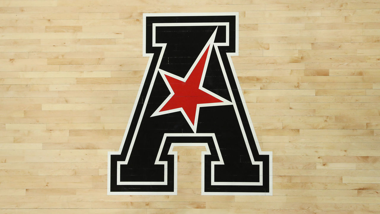 CINCINNATI, OH - JANUARY 28: The American Athletic Conference logo on the court during the game against the SMU Mustangs and the Cincinnati Bearcats on January 28th 2020, at Fifth Third Arena in Cincinnati, OH.