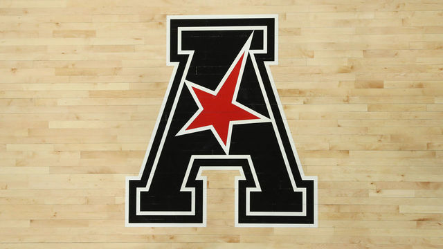 CINCINNATI, OH - JANUARY 28: The American Athletic Conference logo on the court during the game against the SMU Mustangs and the Cincinnati Bearcats on January 28th 2020, at Fifth Third Arena in Cincinnati, OH.