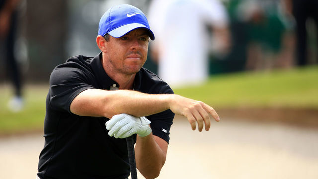 AUGUSTA, GEORGIA - APRIL 08: Rory McIlroy of Northern Ireland reacts to his shot from the third tee during the first round of the Masters at Augusta National Golf Club on April 08, 2021 in Augusta, Georgia.