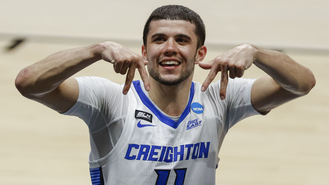 INDIANAPOLIS, IN - MARCH 22: Marcus Zegarowski #11 of the Creighton Bluejays celebrates after the game against the Ohio Bobcats at Hinkle Fieldhouse on March 22, 2021 in Indianapolis, Indiana.