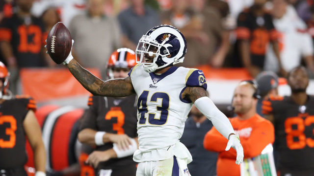 CLEVELAND, OHIO - SEPTEMBER 22: John Johnson #43 of the Los Angeles Rams celebrates his fourth quarter interception to seal a 20-13 win at FirstEnergy Stadium on September 22, 2019 in Cleveland, Ohio.