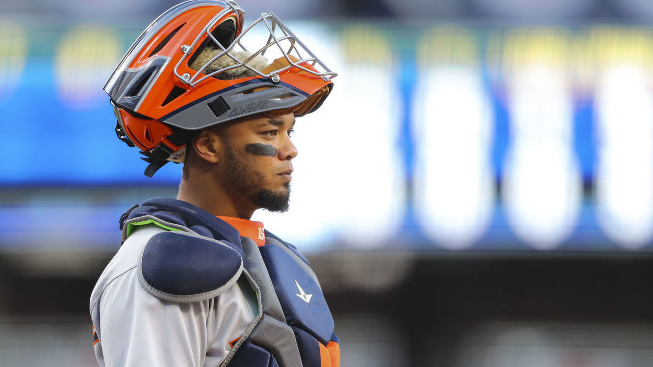 SAN DIEGO, CA - OCTOBER 11: Martin Maldonado #15 of the Houston Astros looks on during Game 1 of the ALCS between the Tampa Bay Rays and the Houston Astros at Petco Park on Sunday, October 11, 2020 in San Diego, California.
