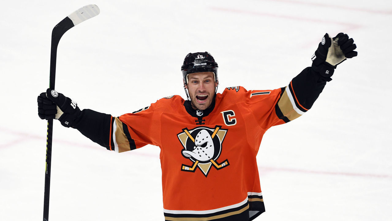 ANAHEIM, CA - MARCH 18: Anaheim Ducks Center Ryan Getzlaf (15) reacts after a Ducks goal in the second period of a game against the Arizona Coyotes played on March 18, 2021 at the Honda Center in Anaheim, CA.