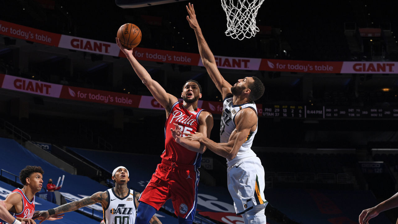 PHILADELPHIA, PA - MARCH 3: Ben Simmons #25 of the Philadelphia 76ers shoots the ball against Rudy Gobert #27 of the Utah Jazz on March 3, 2021 at Wells Fargo Center in Philadelphia, Pennsylvania. NOTE TO USER: User expressly acknowledges and agrees that, by downloading and/or using this Photograph, user is consenting to the terms and conditions of the Getty Images License Agreement. Mandatory Copyright Notice: Copyright 2021 NBAE