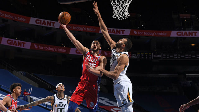 PHILADELPHIA, PA - MARCH 3: Ben Simmons #25 of the Philadelphia 76ers shoots the ball against Rudy Gobert #27 of the Utah Jazz on March 3, 2021 at Wells Fargo Center in Philadelphia, Pennsylvania. NOTE TO USER: User expressly acknowledges and agrees that, by downloading and/or using this Photograph, user is consenting to the terms and conditions of the Getty Images License Agreement. Mandatory Copyright Notice: Copyright 2021 NBAE