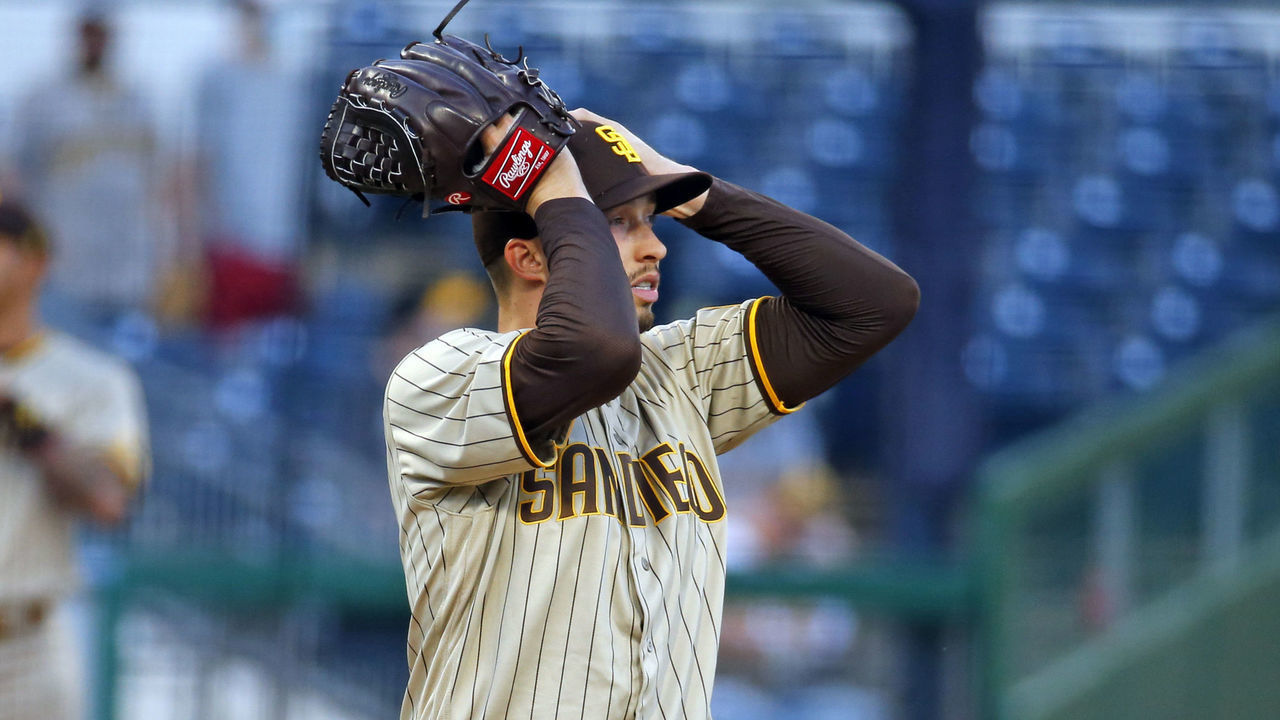 PITTSBURGH, PA - APRIL 13: Blake Snell #4 of the San Diego Padres reacts after giving up a two run double in the first inning Pittsburgh Pirates at PNC Park on April 13, 2021 in Pittsburgh, Pennsylvania.