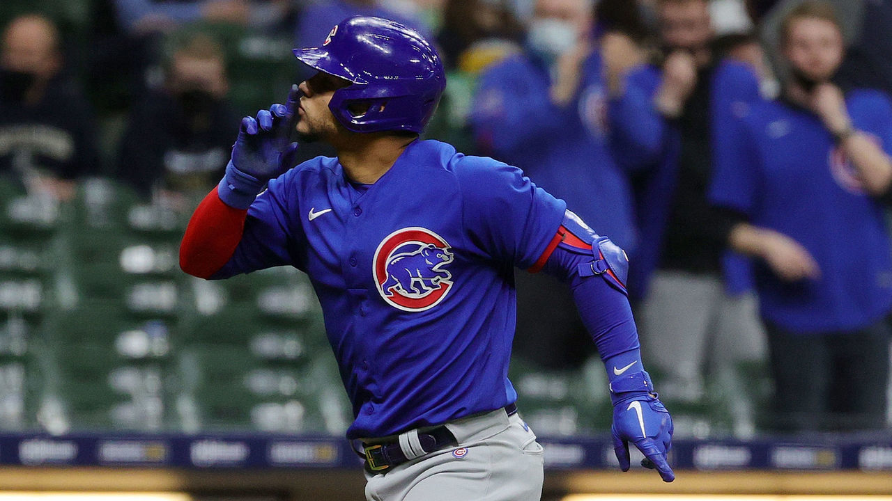 MILWAUKEE, WISCONSIN - APRIL 13: Willson Contreras #40 of the Chicago Cubs celebrates a two run home run during the eighth inning against the Milwaukee Brewers at American Family Field on April 13, 2021 in Milwaukee, Wisconsin.