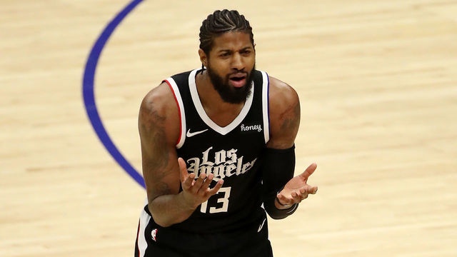 LOS ANGELES, CALIFORNIA - FEBRUARY 21: Paul George #13 of the Los Angeles Clippers reacts to a play during the fourth quarter against the Brooklyn Nets at Staples Center on February 21, 2021 in Los Angeles, California.