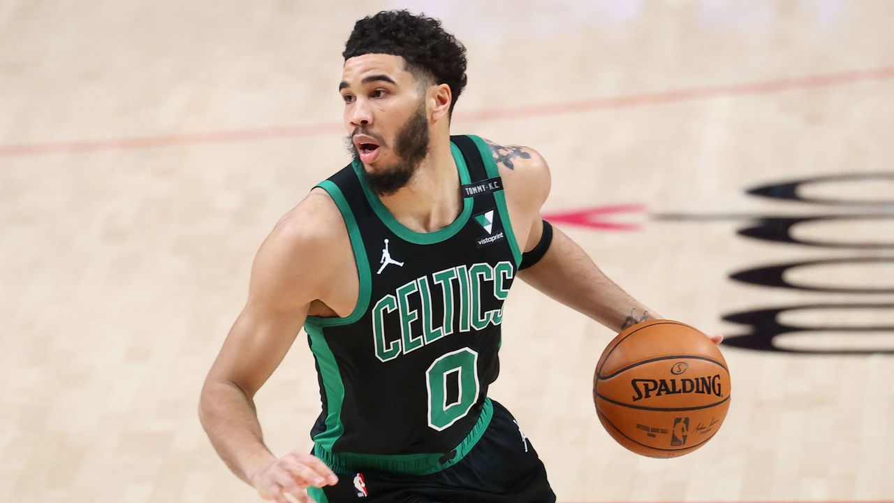 PORTLAND, OREGON - APRIL 13: Jayson Tatum #0 of the Boston Celtics handles the ball in the first quarter against the Portland Trail Blazers at Moda Center on April 13, 2021 in Portland, Oregon.