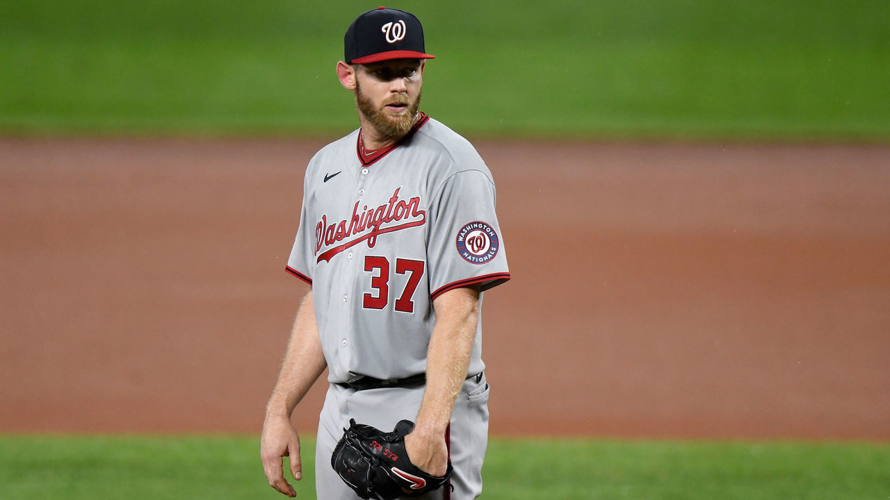 BALTIMORE, MD - AUGUST 14: Stephen Strasburg #37 of the Washington Nationals pitches in the first inning against the Baltimore Orioles at Oriole Park at Camden Yards on August 14, 2020 in Baltimore, Maryland.