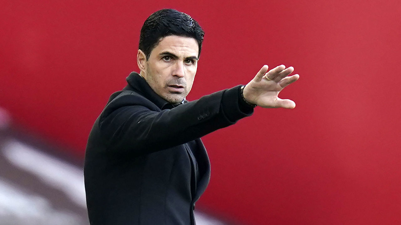 Arsenal's Spanish manager Mikel Arteta gestures on the touchline during the English Premier League football match between Sheffield United and Arsenal at Bramall Lane in Sheffield, northern England on April 11, 2021. - RESTRICTED TO EDITORIAL USE. No use with unauthorized audio, video, data, fixture lists, club/league logos or 'live' services. Online in-match use limited to 120 images. An additional 40 images may be used in extra time. No video emulation. Social media in-match use limited to 120 images. An additional 40 images may be used in extra time. No use in betting publications, games or single club/league/player publications.