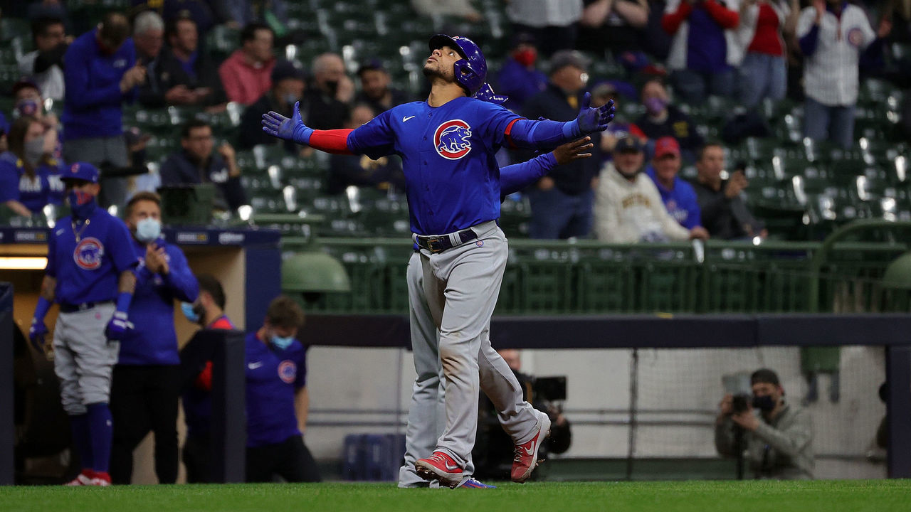MILWAUKEE, WISCONSIN - APRIL 13: Willson Contreras #40 of the Chicago Cubs celebrates a two run home run during the eighth inning against the Milwaukee Brewers at American Family Field on April 13, 2021 in Milwaukee, Wisconsin.
