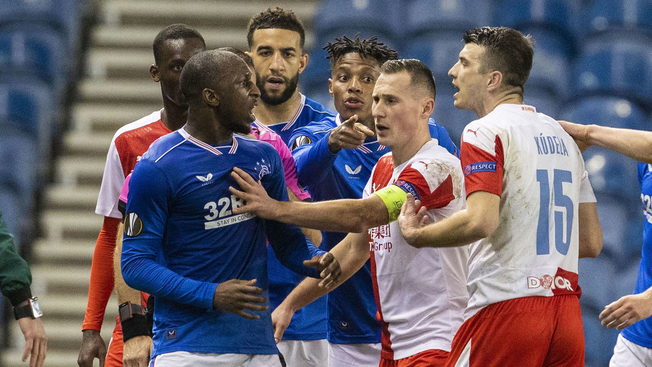 GLASGOW, SCOTLAND - MARCH 18: Rangers' Glen Kamara takes exception to something said by Slavia's Ondrej Kudela during the UEFA Europa League Round of 16 2nd Leg match between Rangers FC and Slavia Prague at Ibrox Stadium on March 18, 2021, in Glasgow, Scotland.