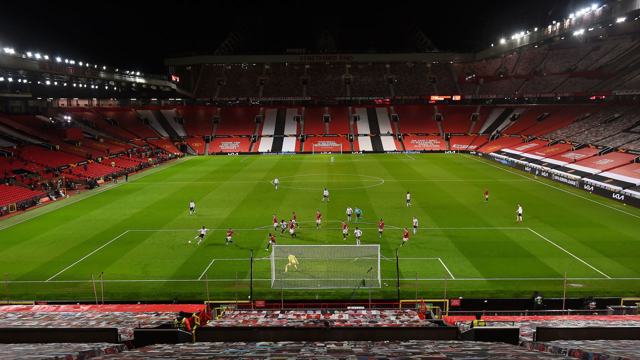 MANCHESTER, ENGLAND - MARCH 11: A general view of play during the UEFA Europa League Round of 16 First Leg match between Manchester United and A.C. Milan at Old Trafford on March 11, 2021 in Manchester, England. Sporting stadiums around the UK remain under strict restrictions due to the Coronavirus Pandemic as Government social distancing laws prohibit fans inside venues resulting in games being played behind closed doors.