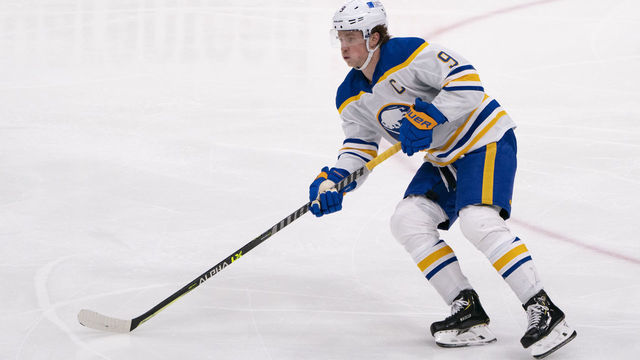 UNIONDALE, NY - MARCH 06: Buffalo Sabres Center Jack Eichel (9) skates with the puck during the third period of the National Hockey League game between the Buffalo Sabres and the New York Islanders on March 6, 2021, at the Nassau Veterans Memorial Coliseum in Uniondale, NY.