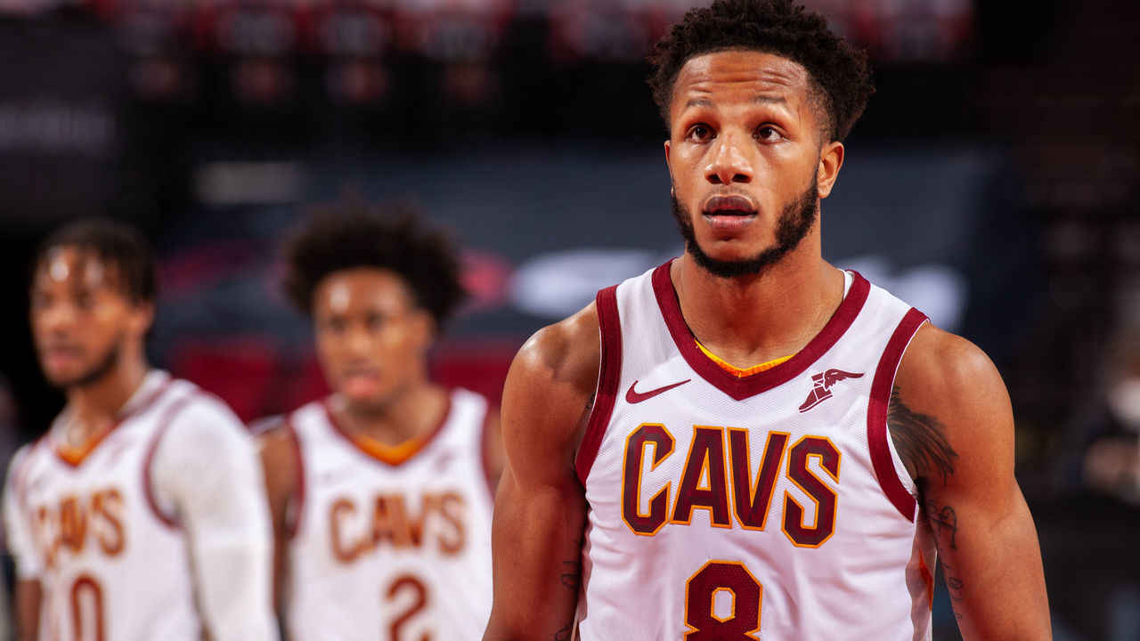 PORTLAND, OR - FEBRUARY 12: Lamar Stevens #8 of the Cleveland Cavaliers looks on during the game against the Portland Trail Blazers on February 12 , 2021 at the Moda Center Arena in Portland, Oregon. Mandatory Copyright Notice: Copyright 2021 NBAE