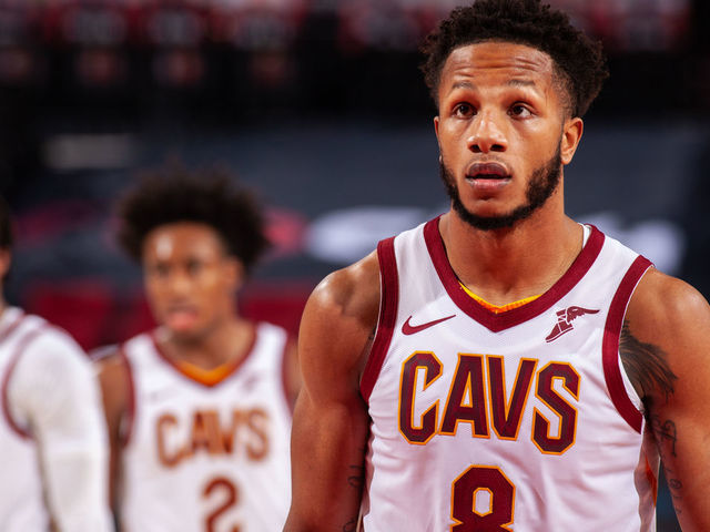 PORTLAND, OR - FEBRUARY 12: Lamar Stevens #8 of the Cleveland Cavaliers looks on during the game against the Portland Trail Blazers on February 12 , 2021 at the Moda Center Arena in Portland, Oregon. Mandatory Copyright Notice: Copyright 2021 NBAE