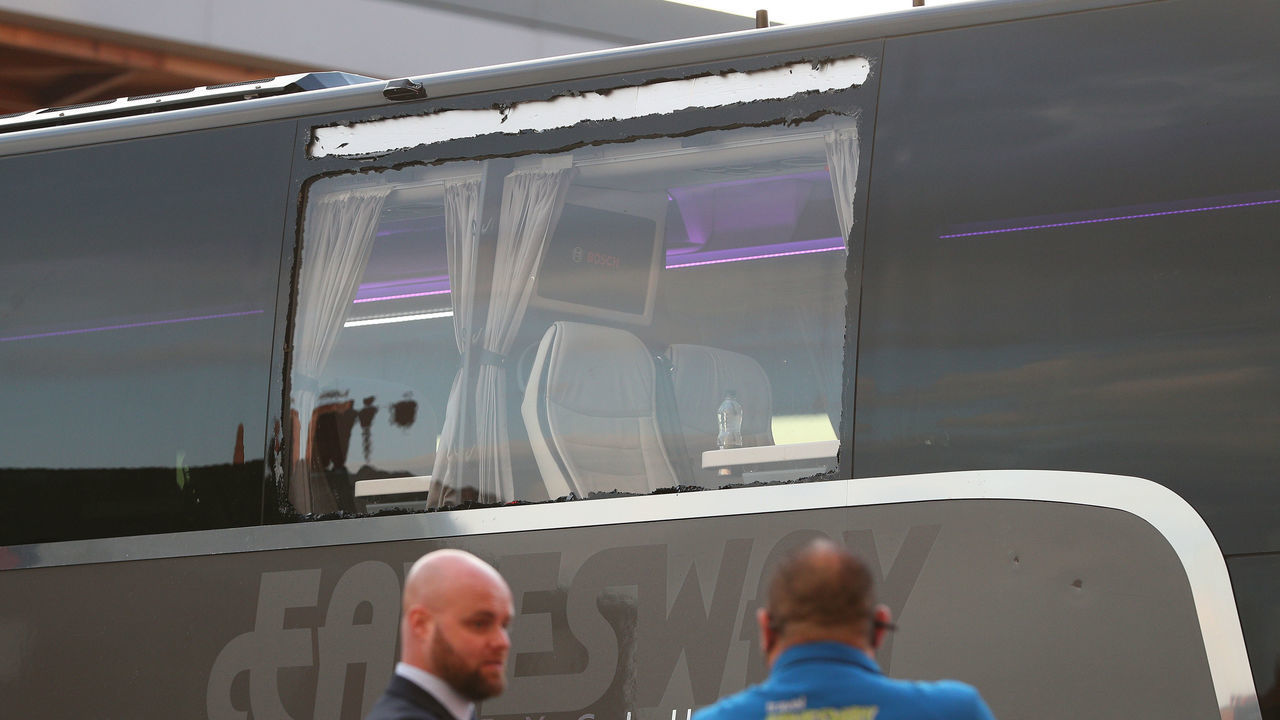 A view of the Real Madrid team bus showing damage to a window before the UEFA Champions League match at Anfield, Liverpool. Picture date: Wednesday April 14, 2021. See PA story SOCCER Liverpool. Photo credit should read: Peter Byrne/PA Wire. RESTRICTIONS: Editorial use only, no commercial use without prior consent from rights holder.