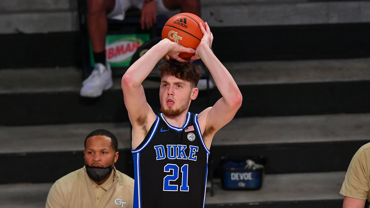 ATLANTA, GA MARCH 02: Duke forward Matthew Hurt (21) shoots a three point shot during the NCAA basketball game between the Duke Blue Devils and the Georgia Tech Yellow Jackets on March 2nd, 2021 at Hank McCamish Pavilion in Atlanta, GA.