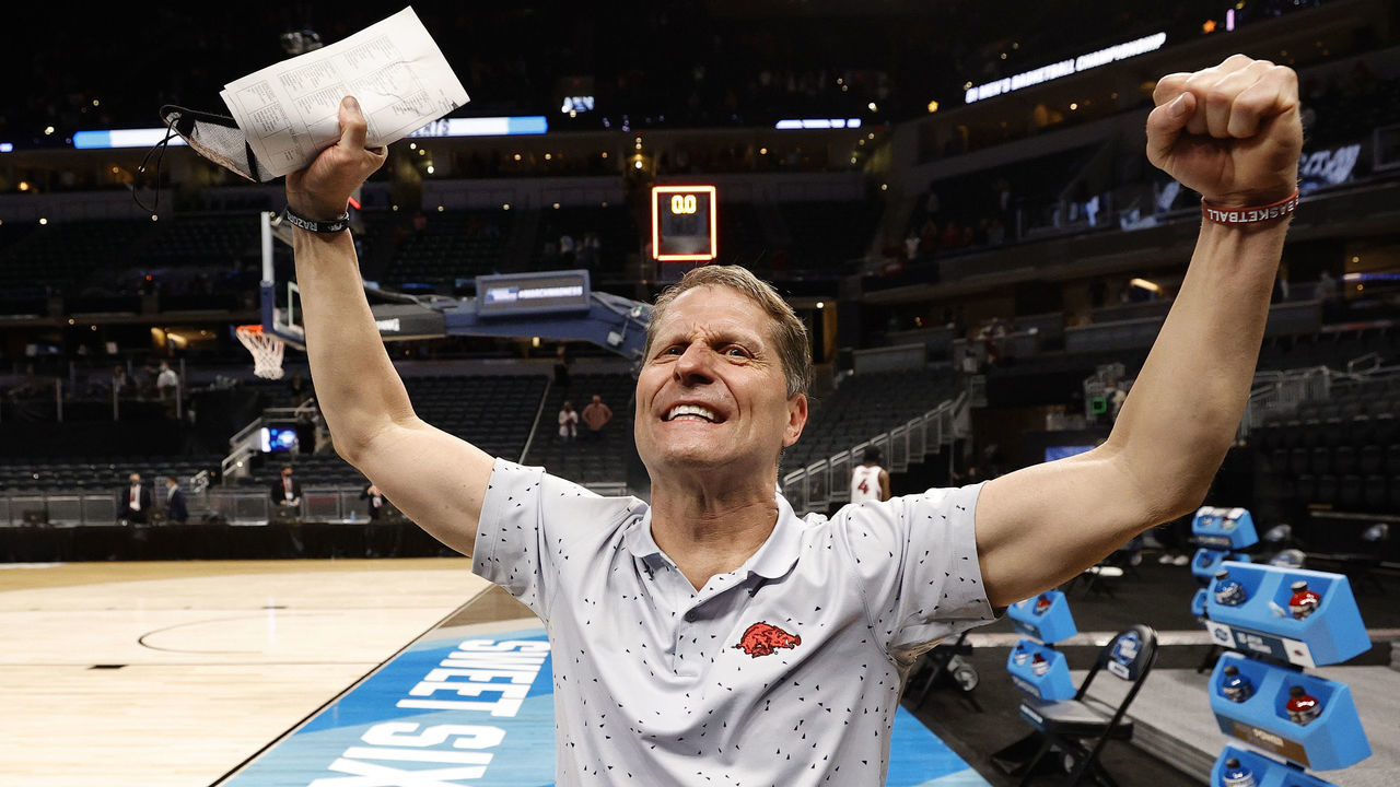 INDIANAPOLIS, INDIANA - MARCH 27: Head coach Eric Musselman of the Arkansas Razorbacks celebrates after defeating the Oral Roberts Golden Eagles in the Sweet Sixteen round of the 2021 NCAA Men's Basketball Tournament at Bankers Life Fieldhouse on March 27, 2021 in Indianapolis, Indiana.