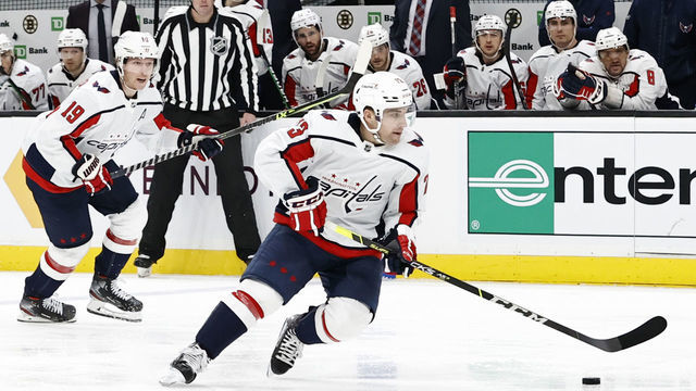 BOSTON, MA - APRIL 11: Washington Capitals right wing Conor Sheary (73) turns up ice during a game between the Boston Bruins and the Washington Capitals on April 11, 2021, at TD Garden in Boston, Massachusetts.
