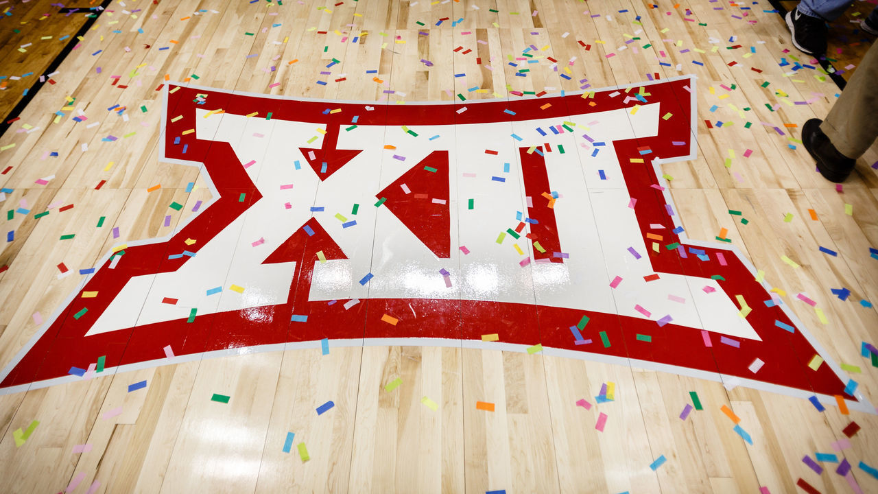 09 MAR 2015: The Big 12 logo is covered in confetti after the NCAA Big 12 Women's basketball championship game between the Baylor Bears and the Texas Longhorns at the American Airlines Center in Dallas, Texas. Baylor defeats Texas 75-64.