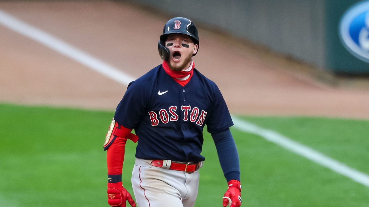 MINNEAPOLIS, MN - APRIL 14: Alex Verdugo #99 of the Boston Red Sox celebrates after hitting a two-run RBI single against the Minnesota Twins in the fifth inning during game two of a doubleheader at Target Field on April 14, 2021 in Minneapolis, Minnesota. The Red Sox defeated the Twins 7-1.