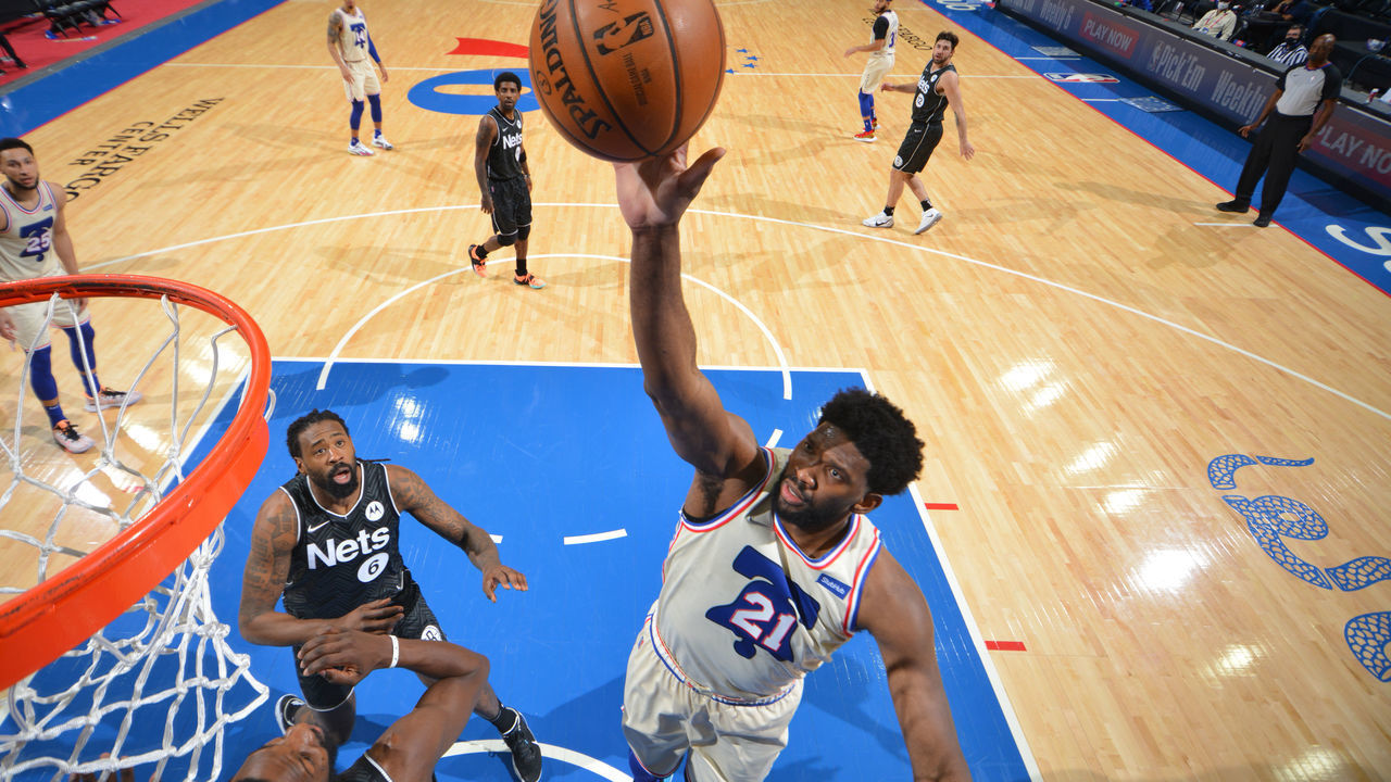 PHILADELPHIA, PA - APRIL 14: Joel Embiid #21 of the Philadelphia 76ers shoots the ball against the Brooklyn Nets on April 14, 2021 at Wells Fargo Center in Philadelphia, Pennsylvania. NOTE TO USER: User expressly acknowledges and agrees that, by downloading and/or using this Photograph, user is consenting to the terms and conditions of the Getty Images License Agreement. Mandatory Copyright Notice: Copyright 2021 NBAE